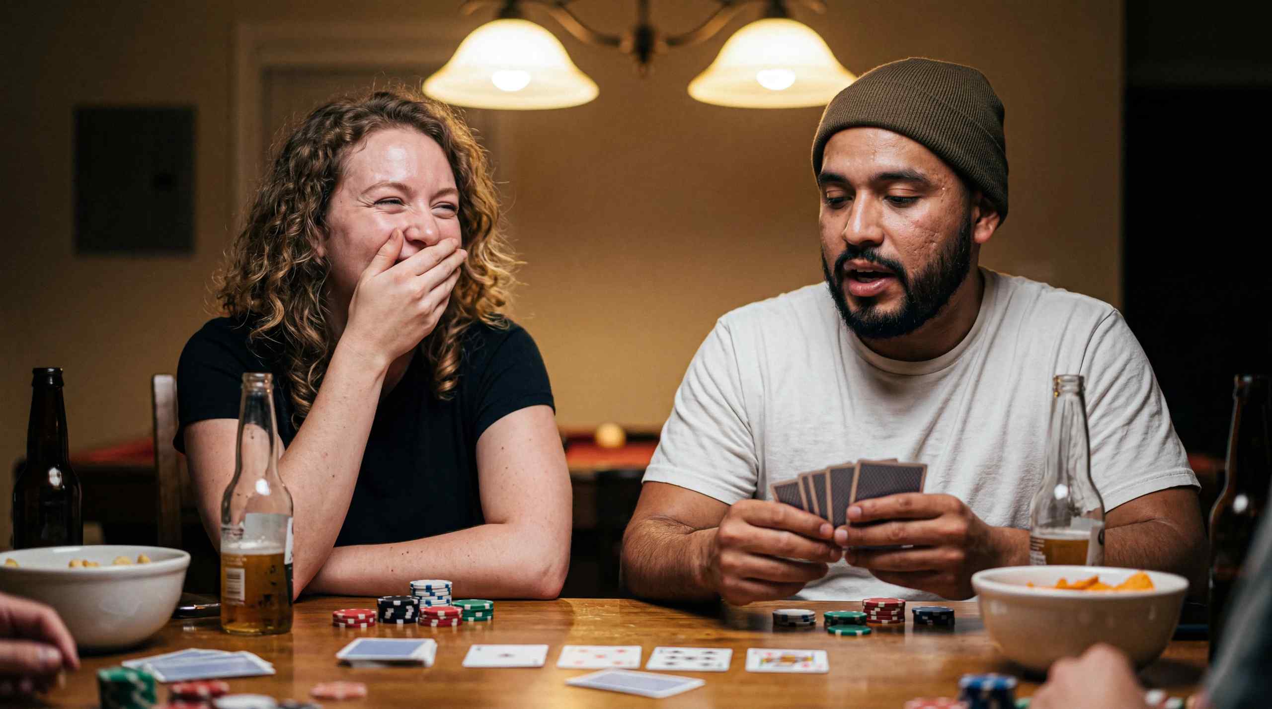 A woman and a man playing No-Limit Hold'em poker.